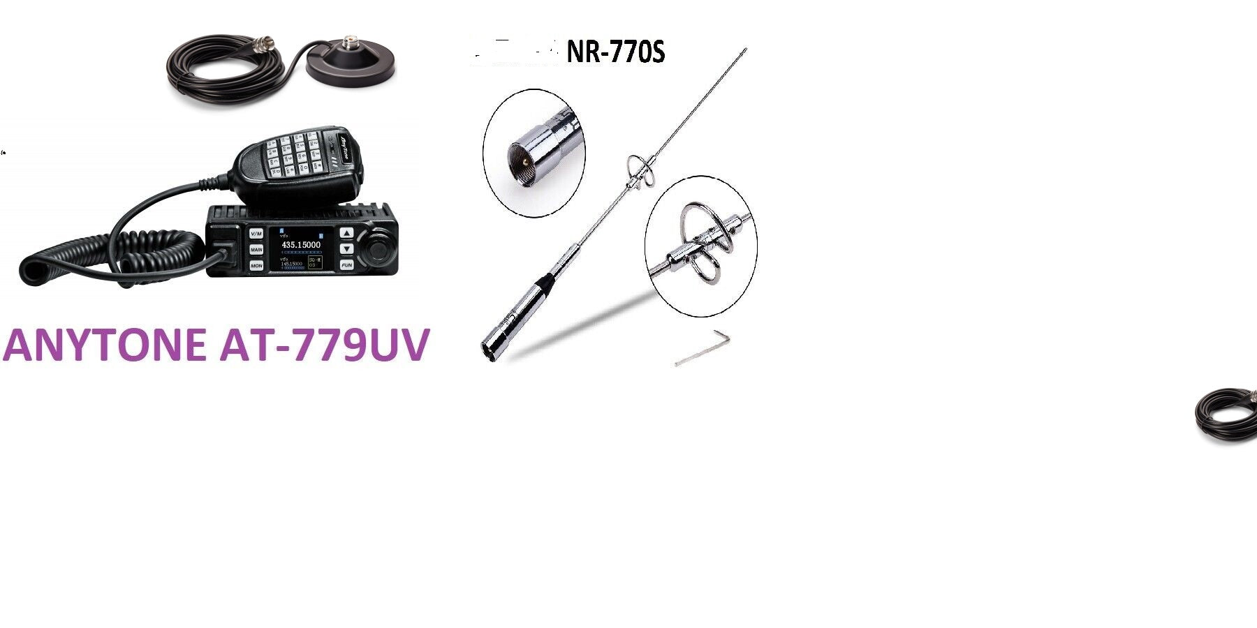 ANYTONE AT-779UV VHF UHF 2M 70CM DUAL BAND MOBILE TRANSCEIVER + PC CABLE + AERIAL + MAG