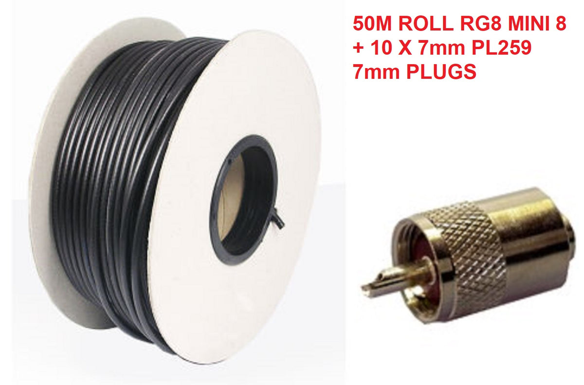 RG8 MINI 8 (50 OHM) 7mm COAX CABLE 50M DRUM CB HAM Radio PLUS 10 X PL2 ...