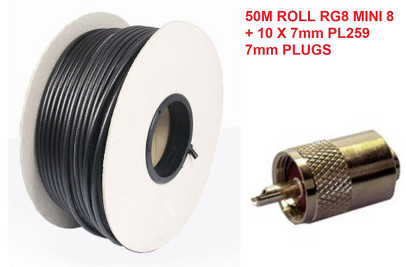 RG8 MINI 8 (50 OHM) 7mm COAX CABLE 50M DRUM CB HAM Radio PLUS 10 X PL259 7mm PLUGS